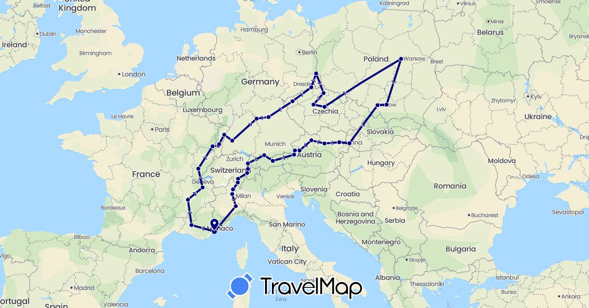 TravelMap itinerary: driving in Austria, Switzerland, Czech Republic, Germany, France, Italy, Liechtenstein, Poland, Slovakia (Europe)